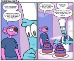  anthro blue_body bodily_fluids cake chef_hat clothing comic dessert dialogue duo english_text eye_patch eyewear female food hat headgear headwear humanoid humor isaac_(tredlocity) male open_mouth pink_body sweat text tredlocity val_(tredlocity) 