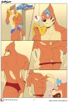  2022 2_tails abs absurd_res anthro anthro_on_anthro blush bottomwear bottomwear_down buizel butt clothing comic door duo english_text exclamation_point floatzel flustered fur hi_res inside looking_at_another male male/male multi_tail multiple_scenes muscular muscular_anthro muscular_male navel nelldemon nintendo open_mouth pecs perineum pok&eacute;mon pok&eacute;mon_(species) simple_background speedo speedo_down standing swimwear swimwear_down text towel towel_around_neck tuft undressing url video_games walking 