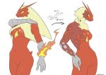  absurd_res anthro anthrofied avian before_and_after bird blaziken blue_eyes breasts burn_scar featureless_breasts featureless_crotch female fire hi_res houndoom keyshop_miss multicolored_body nintendo non-mammal_breasts pok&eacute;mon pok&eacute;mon_(species) red_body scar video_games 