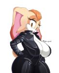  anthro big_breasts biker black_clothing black_gloves black_handwear breasts cleavage clothed clothing dipstick_ears female gloves hand_on_hip handwear huge_breasts jumpsuit kappa_spark lagomorph leporid looking_at_viewer mammal mature_anthro mature_female multicolored_ears rabbit sega signature simple_background solo sonic_the_hedgehog_(series) thick_thighs vanilla_the_rabbit white_background 