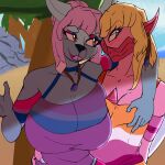  1:1 alien anthro big_breasts bisexual_pride_colors breast_grab breasts clothed clothing duo eeveelution embrace eyeshadow female female/female glaceon hand_on_breast hi_res hug huge_breasts humanoid lesbian_pride_colors lgbt_pride makeup marshbreeze multicolored_clothing multicolored_shirt multicolored_topwear nintendo orange_lesbian_pride_colors pattern_clothing pok&eacute;mon pok&eacute;mon_(species) pride_color_clothing pride_color_eyeshadow pride_color_makeup pride_color_shirt pride_color_topwear pride_colors shirt simple_background striped_clothing stripes tank_top topwear video_games 