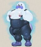  anthro big_bulge big_pecs blue_eyes blush bodily_fluids boots bulge clothing footwear genital_fluids grey_background hi_res hunnipanda male mammal marine mr._frosty_(kirby) musclegut muscular muscular_male overalls pecs pinniped precum simple_background solo walrus white_body 