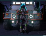  2022 5_fingers anthro blue_eyes blue_hair blue_tongue breasts canid canine clothed clothing detailed_background digital_media_(artwork) female fingers hair humvee mammal open_mouth smile solo standing tales_foxdale teeth tongue 