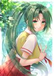  1girl bangs blush border cropped_vest dappled_sunlight fang from_behind green_eyes green_hair grin hair_intakes hand_up highres higurashi_no_naku_koro_ni long_hair looking_at_viewer looking_back nail_polish nekko_(nxtuko) outdoors parted_bangs pleated_skirt ponytail shirt_tucked_in short_sleeves skirt smile solo sonozaki_mion sunlight translucent_hair tree v very_long_hair vest 