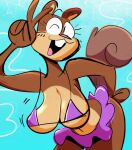  anthro big_breasts bikini bikini_top blue_background bottomwear breasts brown_body brown_fur buckteeth cassette_spicy cat_smile clothing eyelashes female floating_eyebrows fur gesture hi_res looking_at_viewer mammal nickelodeon one_eye_closed open_mouth purple_bikini_top purple_bottomwear purple_clothing purple_skirt purple_swimwear rodent sandy_cheeks sciurid simple_background skirt solo spongebob_squarepants swimwear teeth thick_thighs tree_squirrel v_sign wide_hips wink winking_at_viewer 