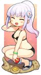  1girl :d ^_^ bachera bangs bare_arms bare_legs bare_shoulders bikini black_bikini blush_stickers breasts closed_eyes commentary_request eyebrows_visible_through_hair facing_viewer full_body hair_ornament hand_up highres holding holding_poke_ball long_hair original poke_ball poke_ball_(basic) pokemon ponytail purple_hair sand sandals small_breasts smile solo squatting suction_cups swimsuit tentacles white_footwear 