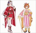  2girls adapted_costume animal_ears bag bangs boots bow bowtie cane crown full_body gloves gold_ship_(umamusume) grey_hair hakusai_(tiahszld) hand_on_hip hand_up high_heel_boots high_heels horse_ears horse_girl horse_tail japanese_clothes jewelry kimono long_hair long_sleeves looking_at_viewer mini_crown multiple_girls obi orange_hair pants pillbox_hat purple_eyes red_bow red_bowtie ring sash satchel short_hair smile t.m._opera_o_(umamusume) tail teeth umamusume white_footwear white_gloves white_pants wide_sleeves yellow_footwear 