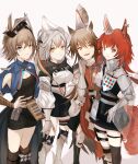  4girls absurdres animal_ears arknights armor armor_removed armored_boots artist_name ashlock_(arknights) bird_girl black_shirt black_skirt blue_jacket boots breasts brown_hair brown_legwear cleavage cleavage_cutout clothing_cutout commentary dress ear_covers ear_tag earpiece english_commentary fartooth_(arknights) feet_out_of_frame flametail_(arknights) gauntlets gloves grey_eyes grey_hair gupipy hair_between_eyes hand_on_hip helmet highres horse_ears horse_girl jacket kneehighs knight looking_at_viewer multiple_girls open_mouth orange_dress orange_eyes red_hair shirt short_hair simple_background skirt small_breasts squirrel_ears squirrel_girl squirrel_tail standing tail thigh_strap thighhighs visor_(armor) visor_lift white_background white_shirt wild_mane_(arknights) yellow_eyes 