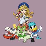  1boy 1girl :&lt; bangs bird blue_bow blue_headwear blush bow bowtie braid cat closed_mouth collared_shirt cookie_(touhou) cosplay crocodile crocodilian disney donald_duck duck female_protagonist_(pokemon_sv) female_protagonist_(pokemon_sv)_(cosplay) fuecoco full_body futaba_channel genba_neko gram_9 green_eyes hair_bow hand_on_hip holding holding_poke_ball hungry_hungry_hippos kirisame_marisa long_hair looking_at_viewer mars_(cookie) necktie orange_necktie orange_skirt pointing poke_ball pokemon pokemon_(game) pokemon_sv purple_background quaxly quaxly_(cosplay) red_bow red_bowtie shirt side_braid simple_background single_braid skirt sprigatito standing touhou white_shirt 