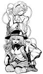  2girls absurdres boots bow breasts buttons commentary_request diamond_button eyeball frilled_shirt_collar frilled_skirt frilled_sleeves frills full_body greyscale hair_ornament hair_over_one_eye hat hat_bow heart heart_hair_ornament heart_of_string highres komeiji_koishi komeiji_satori long_sleeves looking_at_viewer medium_breasts messy_hair miazuma_sarin monochrome multiple_girls open_mouth short_hair siblings simple_background sisters skirt smile third_eye touhou wavy_hair wide_sleeves 