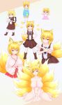  1girl absurdres age_progression animal_ear_fluff animal_ears asymmetrical_hair baby bangs black_necktie blonde_hair blush book breasts brown_skirt brown_vest chicken_tatsumaki_curry cleavage collared_shirt commentary_request cookie_(touhou) eyebrows_visible_through_hair flat_chest fox_ears fox_girl fox_shadow_puppet fox_tail full_body highres holding holding_book japanese_clothes kimono kindergarten_uniform kyuubi large_breasts looking_at_viewer medium_breasts medium_hair miko miramikaru_riran multiple_tails necktie no_nipples open_mouth red_eyes red_skirt ribbon-trimmed_sleeves ribbon_trim shirt short_sleeves sidelocks skirt tail two_tails vest white_kimono white_shirt 