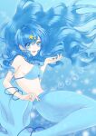  1girl absurdres blue_background blue_eyes blue_hair blue_nails bracelet breasts bubble curly_hair earrings fish_tail floating floating_hair hair_between_eyes hair_ornament highres houshou_hanon in_water jellyfish jewelry long_hair looking_at_viewer mermaid mermaid_melody_pichi_pichi_pitch monster_girl necklace ocean open_mouth pearl_bracelet pearl_necklace pixiv shell shell_bikini smile solo star_(symbol) star_earrings star_hair_ornament tail tomato71813 underwater waves 