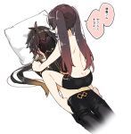  1boy 1girl absurdres arm_tattoo bangs bare_legs black_hair black_shorts brown_hair covering_face genshin_impact girl_on_top gradient_hair hair_between_eyes hand_on_another&#039;s_shoulder hetero highres hu_tao_(genshin_impact) lilleboenner long_hair lying multicolored_hair on_back pants pillow ponytail rex_lapis_(genshin_impact) shorts sitting sitting_on_person speech_bubble tattoo topless topless_male translated twintails white_background zhongli_(genshin_impact) 