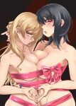  2girls asymmetrical_docking bare_shoulders black_hair blonde_hair blush braid breast_press breasts brown_eyes character_request check_character cleavage collarbone french_braid from_side kantai_collection large_breasts long_hair looking_at_viewer looking_to_the_side manicure multiple_girls naked_ribbon open_mouth paid_reward_available pink_ribbon red_eyes ribbon short_hair takao_(kancolle) udukikosuke zara_(kancolle) 