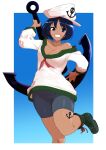  1girl absurdres anchor anchor_symbol bangs bike_shorts black_shorts blue_eyes blue_hair blush boots breasts cleavage commentary_request cookie_(touhou) dark-skinned_female dark_skin eyebrows_visible_through_hair foot_out_of_frame green_footwear grin hat highres long_sleeves looking_at_viewer medium_breasts milk_(cookie) murasa_minamitsu neckerchief red_neckerchief remote_controller_4 sailor_collar sailor_hat sailor_shirt shirt short_hair shorts smile solo touhou 