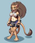  anthro bandage bandai_namco belt big_feet blue_eyes bottomwear brown_body brown_fur brown_hair clothing cutoffs daisy_dukes denim denim_clothing digimon digimon_(species) feet felid female fur furball_(artist) hair hi_res hotpants knuckle_duster leojamon lion mammal mane melee_weapon multi_tail pantherine sheathed_weapon shorts solo sword weapon wide_hips yellow_sclera 