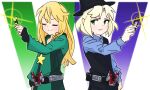  2girls bangs black_headwear black_pants black_vest blonde_hair blue_shirt blush closed_eyes closed_mouth coat collared_shirt cookie_(touhou) cosplay cowboy_shot fedora fingerless_gloves glint gloves gram_9 green_coat green_eyes hat hidari_shoutarou hidari_shoutarou_(cosplay) joker_(cookie) kamen_rider kamen_rider_joker kamen_rider_joker_(cosplay) kamen_rider_w kirisame_marisa mizuhashi_parsee multiple_girls namesake open_mouth pants philip_(kamen_rider) philip_(kamen_rider)_(cosplay) pointy_ears shirt short_hair smile star_(symbol) suzu_(cookie) touhou vest 