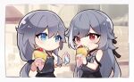  2girls bangs banned_artist bare_shoulders black_hair black_shirt blue_eyes border casual chibi crepe dual_persona food fu_hua fu_hua_(herrscher_of_sentience) highres holding holding_food honkai_(series) honkai_impact_3rd long_hair looking_at_another multiple_girls red_eyes shiki_(shiki1230) shirt sleeveless sleeveless_shirt tissue white_border 