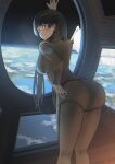  1girl absurdres ass black_hair blush bodysuit breasts cosplay earth_(planet) girls&#039;_frontline hanabusaraleigh hand_on_own_thigh heterochromia highres jewelry large_breasts long_hair looking_at_viewer looking_back mori_yuki mori_yuki_(cosplay) planet red_eyes ring ro635_(girls&#039;_frontline) solo space spacecraft_interior uchuu_senkan_yamato uchuu_senkan_yamato_2199 wedding_band yellow_bodysuit yellow_eyes 