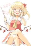  1girl :d adjusting_eyewear arnest ascot bangs bespectacled blonde_hair blush bow breasts bright_pupils collared_shirt commentary crossed_legs crystal eyebrows_visible_through_hair fingernails flandre_scarlet frilled_shirt_collar frilled_skirt frills glasses hair_bow hands_up highres holding holding_pointer looking_at_viewer no_hat no_headwear one_side_up open_mouth pointer puffy_short_sleeves puffy_sleeves red-framed_eyewear red_bow red_eyes red_skirt red_vest semi-rimless_eyewear shirt short_hair short_sleeves sidelocks simple_background sitting skirt skirt_set slit_pupils small_breasts smile solo sparkle teacher touhou under-rim_eyewear v-shaped_eyebrows vest white_pupils white_shirt wings wrist_cuffs yellow_ascot 