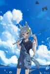  1girl ahoge animal_ears black_shirt blue_background blue_eyes blue_sky blush bug butterfly carrying_over_shoulder cloud cloudy_sky commentary_request day fish fishing_rod flower grey_hair hair_flower hair_ornament hands_up holding holding_fishing_rod horizon horse_ears horse_girl horse_tail kiromo looking_at_viewer open_mouth outdoors overall_shorts overalls seiun_sky_(umamusume) shirt short_hair short_sleeves sky smile solo standing tail twitter_username two-tone_background umamusume water white_background 