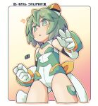  1girl bangs bare_shoulders character_name commentary_request cropped_legs desktop_army elbow_gloves eyebrows_visible_through_hair gloves green_eyes green_hair hair_between_eyes headgear leotard mawaru_(mawaru) notice_lines orange_outline outline parted_lips solo standing sylphy_(desktop_army) white_gloves white_leotard white_outline 