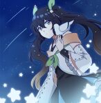  1girl bird collar commentary dark_blue_hair detached_sleeves dress english_commentary green_hair hair_ornament hair_ribbon izumitri lilly_(riri_zuran) original pigeon ribbon shooting_star sky solo star_(sky) star_(symbol) star_hair_ornament star_ornament starry_sky twintails 