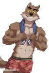  2022 anthro athletic athletic_anthro athletic_male black_clothing black_eyebrows black_eyes black_nose blue_towel brown_body brown_fur brown_tail bulge canid canine canis clothed clothing dreamworks eyebrows fur hi_res holding_object holding_towel kumak71395 male mammal mr._wolf_(the_bad_guys) multicolored_clothing navel pecs red_clothing simple_background solo teeth text the_bad_guys topless towel towel_around_neck two_tone_towel url white_background white_towel wolf yellow_sclera 