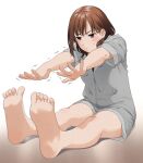  1girl artist_name barefoot blush brown_hair feet grey_eyes mattaku_mousuke medium_hair on_ground original outstretched_arms sitting soles solo stretch sweat trembling watermark white_background 