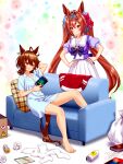  2girls agnes_tachyon_(umamusume) ahoge animal_ears biohazard_symbol bow bowtie brown_eyes brown_hair chemical_structure collarbone commentary couch cushion daiwa_scarlet_(umamusume) equation fang flammable_symbol hair_intakes hands_on_hips highres horse_ears horse_girl horse_tail horseshoe_ornament jacket long_hair math medium_hair multiple_girls no_pants physics pleated_skirt puffy_short_sleeves puffy_sleeves red_eyes sailor_collar sailor_shirt school_uniform shirt short_sleeves skirt socks_removed sugimotty_nova summer_uniform tail tiara tracen_school_uniform track_jacket trash_bag twintails umamusume very_long_hair 
