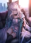  1girl animal_ears arknights bare_shoulders black_collar black_legwear black_ribbon blue_eyes blush building cat_ears city collar couch dress feet_out_of_frame flat_chest grey_hair hair_ribbon highres indoors infection_monitor_(arknights) long_hair looking_at_viewer mint_(arknights) one_eye_closed parted_lips ribbon rubbing_eyes shoa_tksm sitting skyscraper solo spaghetti_strap thighhighs thighs very_long_hair waking_up white_dress window 