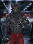  2022 5_fingers abs anthro black_body black_fur canid canine canis clothed clothing detailed_background digital_media_(artwork) elvofirida fingers fur heterochromia hi_res male mammal shirtless solo wolf 