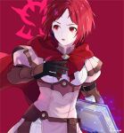  1girl belt belt_pouch black_panties book dress earrings fire_emblem fire_emblem:_three_houses fire_emblem_warriors:_three_hopes guttary holding holding_book jewelry light_particles looking_away looking_to_the_side monica_von_ochs panties pouch red_background red_eyes red_hair short_hair simple_background solo sparkle twitter_username underwear upper_body 