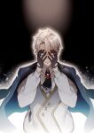  1boy ascot bangs black_ascot black_gloves black_jacket blonde_hair brooch clenched_teeth collared_shirt fate/grand_order fate_(series) gloves gradient gradient_background green_eyes grey_vest hair_between_eyes half_gloves hands_on_own_face heterochromia highres jacket jacket_on_shoulders jekyll_and_hyde_(fate) jewelry light_particles looking_at_viewer male_focus miyamakoume no_eyewear outline red_eyes sanpaku shirt short_hair solo straight-on sweat teeth vest waistcoat white_outline white_shirt 