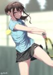  1girl ball black_shorts blue_shirt blurry blurry_background brown_hair commentary_request holding holding_racket jonsun looking_at_viewer motion_blur original ponytail racket red_eyes shiori_(jonsun) shirt short_hair short_sleeves shorts solo sportswear tennis tennis_ball tennis_racket tennis_uniform twitter_username 