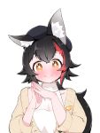  1girl animal_ear_fluff animal_ears bangs beret black_hair blush brown_eyes closed_mouth halterneck hands_up hat highres hololive kani_bonara long_hair looking_at_viewer low_ponytail multicolored_hair ookami_mio own_hands_together red_hair shirt simple_background smile solo streaked_hair sweater two-tone_hair upper_body white_background white_shirt wolf_ears wolf_girl 