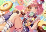  1girl :q bangs banned_artist bare_shoulders bloomers blue_bow blue_legwear blush bow breasts candy closed_mouth commentary_request doughnut dutch_angle food frilled_legwear hat holding holding_candy holding_food holding_lollipop knees_up lollipop mini_hat ootori_emu pink_hair project_sekai red_eyes safety_pin single_thighhigh sitting small_breasts smile socks socks_over_thighhighs solo star_(symbol) star_in_eye striped striped_bow swirl_lollipop symbol_in_eye thighhighs tilted_headwear tongue tongue_out underwear white_bloomers white_legwear yuuka_nonoko 