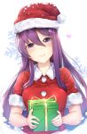  1girl absurdres box christmas commentary commission doki_doki_literature_club english_commentary eyes_visible_through_hair fur-trimmed_headwear fur-trimmed_sleeves fur_trim gift gift_box hair_ornament hairclip hat head_tilt heart highres light_blush long_hair looking_at_viewer purple_eyes purple_hair santa_hat short_sleeves sidelocks simple_background snow snowflake_background solo tsukimaru upper_body white_background yuri_(doki_doki_literature_club) 