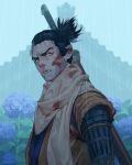  1boy bangs black_hair blood blood_on_face blue_flower building closed_mouth facial_hair flower highres house hydrangea japanese_clothes jiro_(ninetysix) male_focus mechanical_arms outdoors plant rain scarf sekiro sekiro:_shadows_die_twice single_mechanical_arm stubble weapon yellow_eyes 