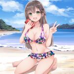  1girl :d bangs bare_arms bare_legs bare_shoulders barefoot bikini blue_sky blush braid breasts brown_hair can cleavage cloud cola commentary_request day floral_print green_eyes groin hair_between_eyes hair_ornament hairclip hands_up highres holding holding_can lake long_hair medium_breasts mountain mutang navel original outdoors print_bikini sky smile solo swimsuit very_long_hair water 