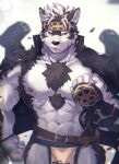  1boy abs absurdres ainu_clothes animal_ears animal_nose bar bara chest_hair clenched_hands furry furry_male grey_fur grey_hair headband highres horkeu_kamui jacket jacket_on_shoulders large_pectorals madaato_(psgw3383) male_focus multicolored_hair muscular muscular_male nipples no_shirt pectorals pelvic_curtain scar scar_on_face short_hair snout solo tokyo_afterschool_summoners two-tone_fur two-tone_hair upper_body white_background white_fur wolf_boy wolf_ears yellow_eyes 