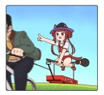  1boy 1girl alternate_costume animal_ears bicycle broom broom_riding buruma commentary_request grass ground_vehicle hair_rings hat highres horse_ears horse_girl horse_tail pointing pointing_forward sky solo_focus sorairo_meronpan sweep_tosho_(umamusume) tail toy_wagon trainer_(umamusume) twintails umamusume witch_hat 