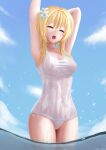  1girl absurdres arms_up blonde_hair blue_sky breasts closed_eyes collarbone covered_navel covered_nipples flower genshin_impact hair_flower hair_ornament highres lumine_(genshin_impact) medium_breasts open_mouth partially_submerged school_swimsuit see-through short_hair_with_long_locks sky solo stretch swimsuit thighs wet wet_clothes wet_swimsuit white_flower white_swimsuit z282g 