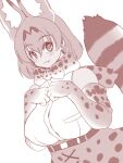  1girl :3 animal_ears blush bow bowtie breast_pocket breasts closed_mouth elbow_gloves fang fang_out gloves hands_on_own_chest highres isna_(footprintsofisna) kemono_friends large_breasts looking_at_viewer monochrome pocket serval_(kemono_friends) serval_print short_hair smile solo tail upper_body 