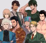  ace_attorney beanie black_hair blonde_hair blue_eyes bomber_jacket brown_eyes brown_hair closed_mouth coat crossed_arms crossover dark_skin devil_may_cry_(series) devil_may_cry_3 dress facial_hair fatal_fury fingerless_gloves formal fushiguro_touji garou:_mark_of_the_wolves gloves hat highres jacket judge_eyes jujutsu_kaisen kaburagi_t._kotetsu kaito_masaharu kiryuu_kazuma looking_at_viewer looking_back male_focus multiple_boys muscular nipples orange_shirt phoenix_wright ryuu_ga_gotoku ryuu_ga_gotoku_6 scar shirt short_hair smile spy_x_family suit sweater terry_bogard the_king_of_fighters tiger_&amp;_bunny tirtyturtle twilight_(spy_x_family) vergil_(devil_may_cry) vest white_hair yakuza 