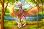  absurd_res anthro bat_ears bat_wings breasts chiropteran deadliestvenom deity dust:_an_elysian_tail fan_character female fire_wolf_(nimbat) fluffy fluffy_arms fluffy_ass fluffy_chest fluffy_feet fluffy_fur fluffy_tail fur green_eyes hair hi_res humanoid lakeside mammal membrane_(anatomy) membranous_wings multi_tail neck_tuft nimbat nipples notched_ear nude orange_body orange_fur pinup pinupgirl plant pose royalty small_breasts smile solo sunny tree tuft turf video_games white_body white_fur white_hair wings 