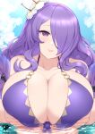  1girl absurdres bikini breast_hold breasts camilla_(fire_emblem) cleavage fire_emblem fire_emblem_fates fire_emblem_heroes flower hair_flower hair_ornament hair_over_one_eye hibiscus highres huge_breasts kaos_art long_hair looking_at_viewer ocean official_alternate_costume partially_submerged purple_bikini purple_eyes purple_hair smile solo swimsuit upper_body water 