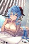  1girl ahoge aile_(crossroads) bangs blue_hair blush breasts commentary_request ganyu_(genshin_impact) genshin_impact highres horns large_breasts long_hair looking_at_viewer meme_attire open-chest_sweater purple_eyes signature solo sweater 