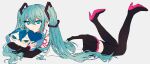  aqua_hair black_footwear black_skirt blue_eyes boots bright_pupils cha_sakura closed_mouth eyebrows_visible_through_hair gradient gradient_hair grey_background hair_between_eyes hatsune_miku heart high_heels highres light_blue_eyes long_hair looking_at_viewer lying multicolored_hair object_hug on_stomach signature simple_background skirt smile thigh_boots very_long_hair vocaloid white_pupils 