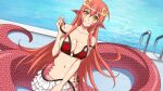  1girl artist_request bangs bare_shoulders bikini blush breasts eyebrows_visible_through_hair game_cg hair_between_eyes hair_ornament hairclip lamia large_breasts long_hair looking_at_viewer midriff miia_(monster_musume) monster_girl monster_musume_no_iru_nichijou monster_musume_no_iru_nichijou_online navel o-ring o-ring_bikini official_alternate_costume official_art pointy_ears red_hair scales skirt slit_pupils solo swimsuit undressing white_skirt yellow_eyes 